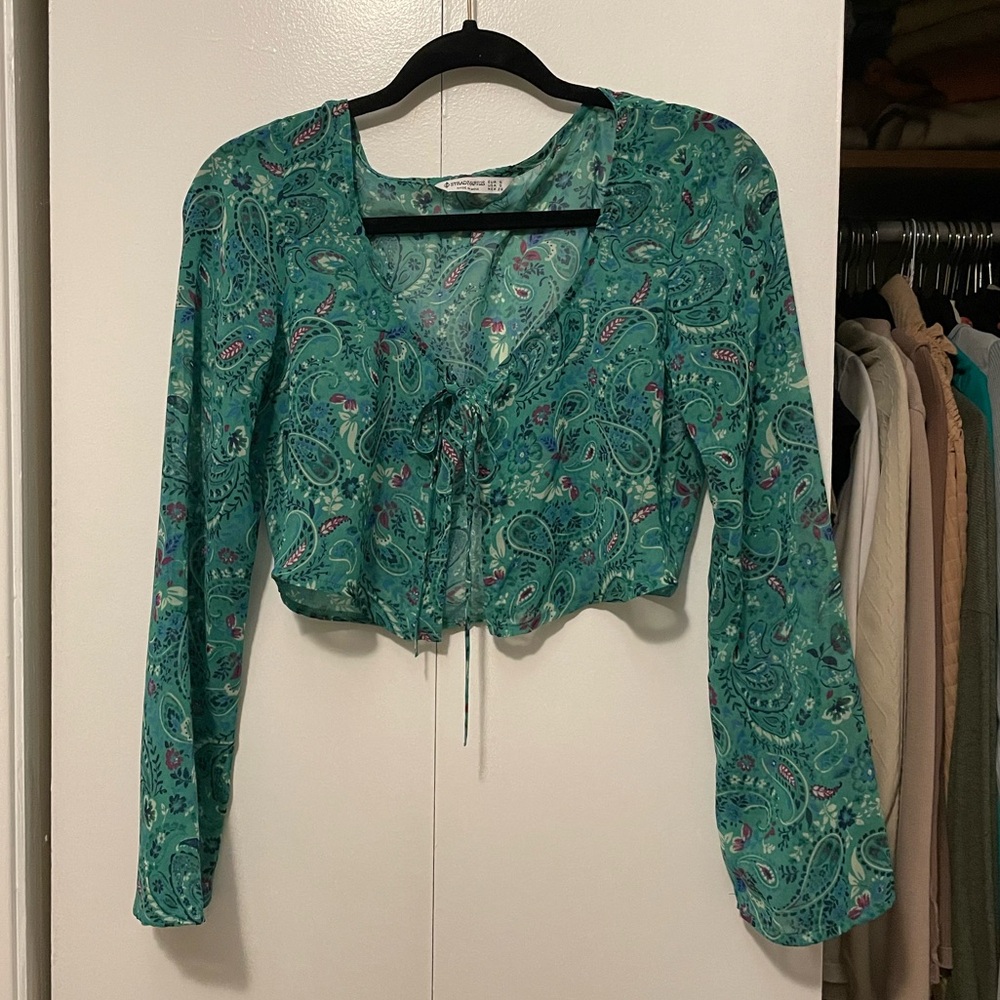 Green Paisley Front-Tie Mesh Top